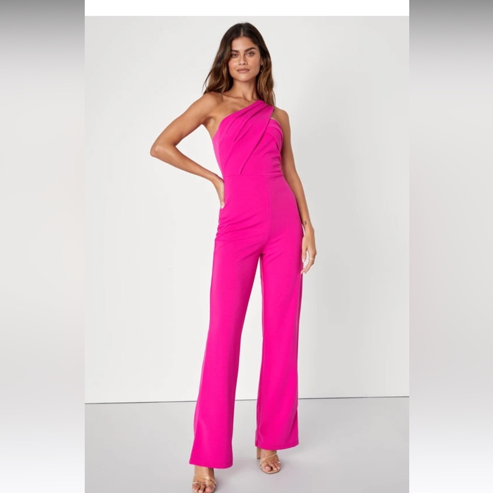 Lulus Devoted to Fun Hot Pink One-Shoulder Sleeveless Jumpsuit